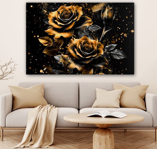 Peinture sur toile 120x80 cm - Décoration murale Roses - Or - Zwart - Fleurs - Moderne - Décoration murale salon - Décoration chambre moderne - Tableaux abstraits