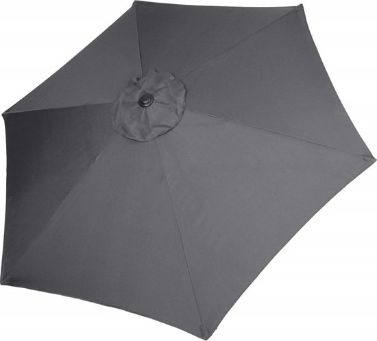 Bovenaanzicht van een gesloten, antracietkleurige vierkante parasol met een stoffen hoes.