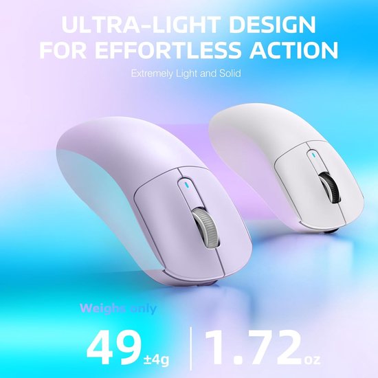 Twee lichtpaarse gamingmuizen, de ene iets verder weg, tegen een blauwpaarse achtergrond.