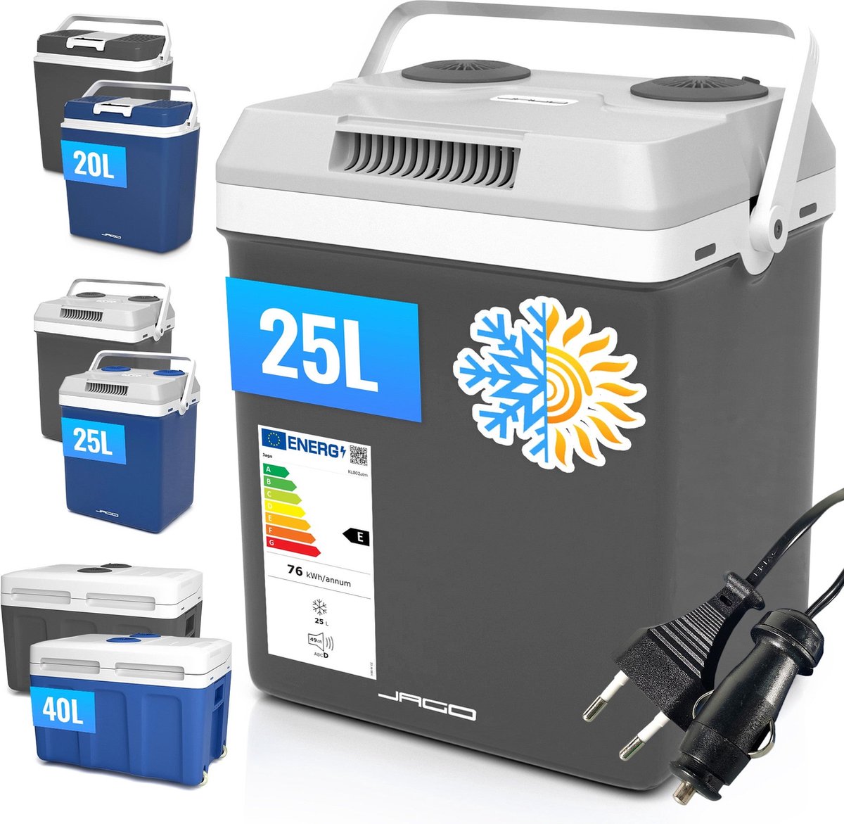 Jago - Elektrische Koelbox - 25L - 12V en 230V - Antraciet - Verkoelen en Verwarmen