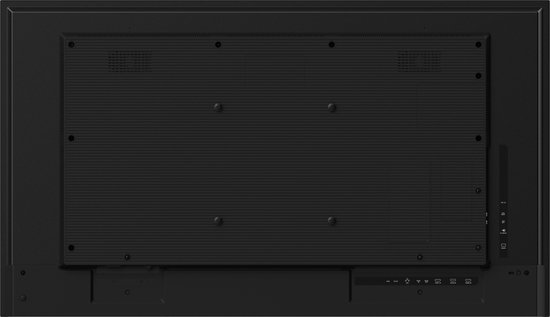 Achterkant van een zwarte Iiyama monitor met montagegaten en aansluitingen.