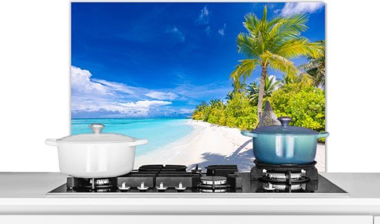 Spatscherm keuken 80x55 cm - Kookplaat achterwand Strand - Palm - Hangstoel - Muurbeschermer - Spatwand fornuis - Hoogwaardig aluminium