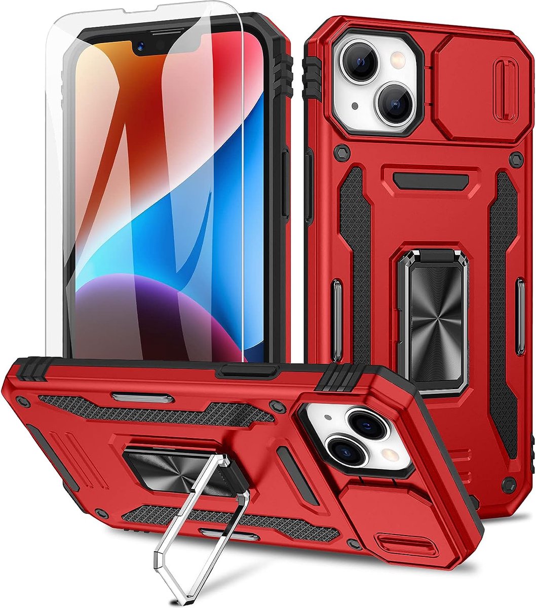Nuvex Hoesje geschikt voor iPhone 14 Rood Telefoonhoesje - Anti-Shock Case Cover Hybrid Armor Hoes met Kickstand Ring met Screenprotector