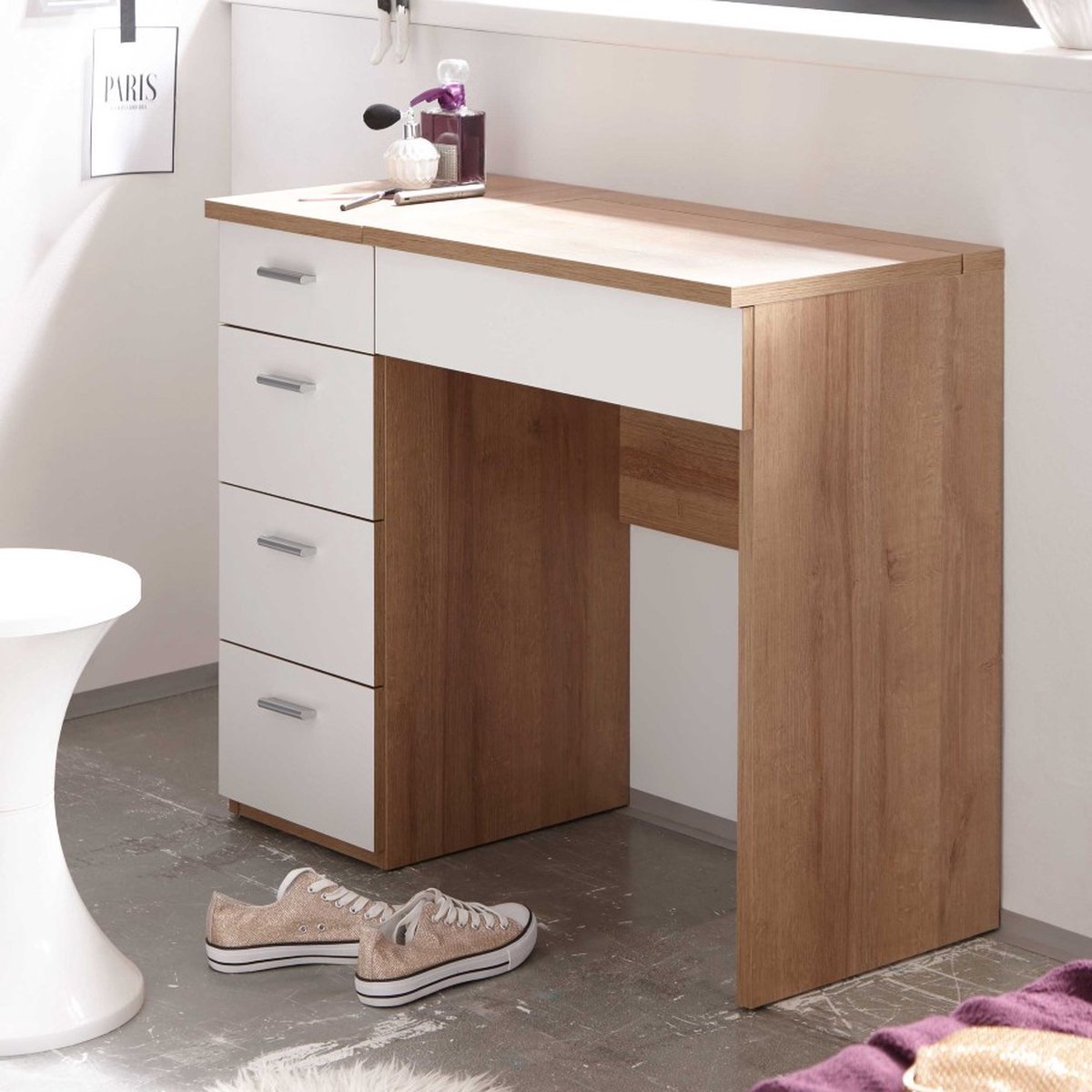 Make-uptafel Loïs 90cm 1 Deur & 4 Lades - Lichte Eikdecor/wit - Emob - Make-up Tafel - Wit; Bruin - Spaanplaat