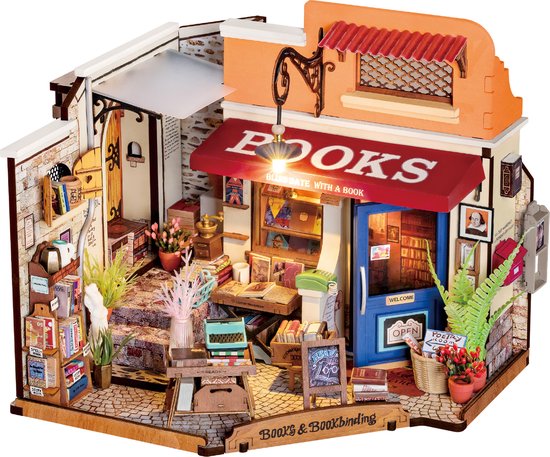 Foto: Robotime rolife corner bookstore dg164 knutselen diy miniatuur hobby miniatuurhuisje creatief