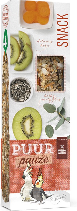 Witte Molen - Vogelsnack - Vogel - Puur Pauze Sticks Kaketoe Kiwi & Eucalyptus 140gr - Tray - 2st