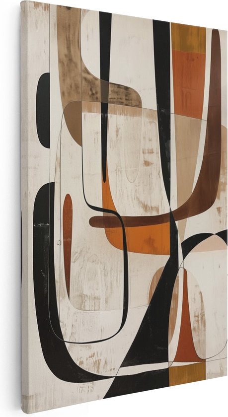 Abstract schilderij met zwarte, bruine, oranje en crèmekleurige vormen, getoond vanuit een hoek op een witte achtergrond.