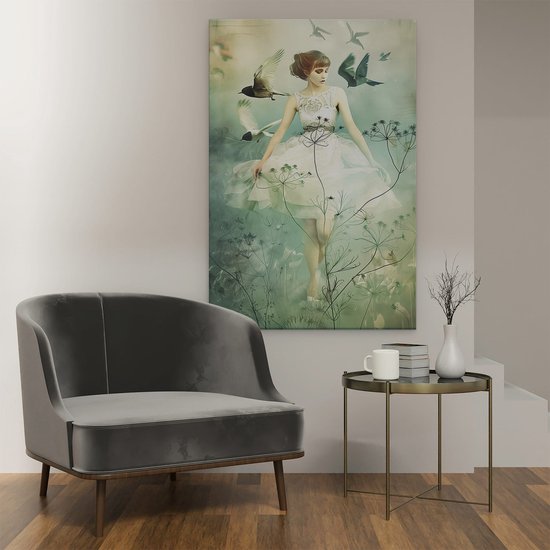 Tableau Artaza : Femme en robe Witte entourée Vogels – 80 x 120 cm – Groot – Photo sur toile – Impression sur toile