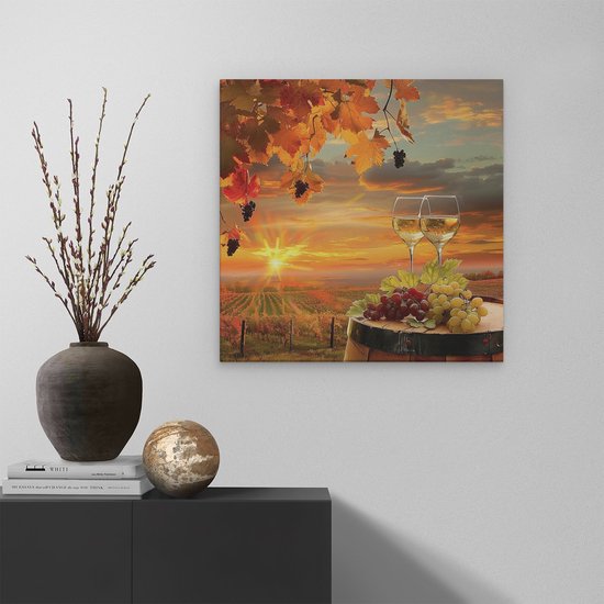Artaza Tableau sur toile Deux Verres de Vin et de raisins sur un tonneau au coucher du soleil - 60x60 - Décoration murale - Photo sur toile - Impression sur toile