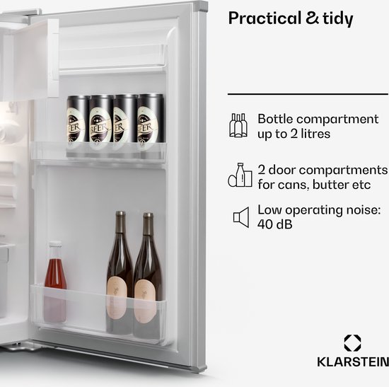 Klarstein minikoelkast voor op de kamer, 70 liter minikoelkast met vriesvak voor drankjes, snacks, huidverzorgingsproducten en cosmetica, kleine koelkast met handmatige ontdooiing en ijsblokjesbakje, 0-10 °C van Klarstein — afbeelding 5