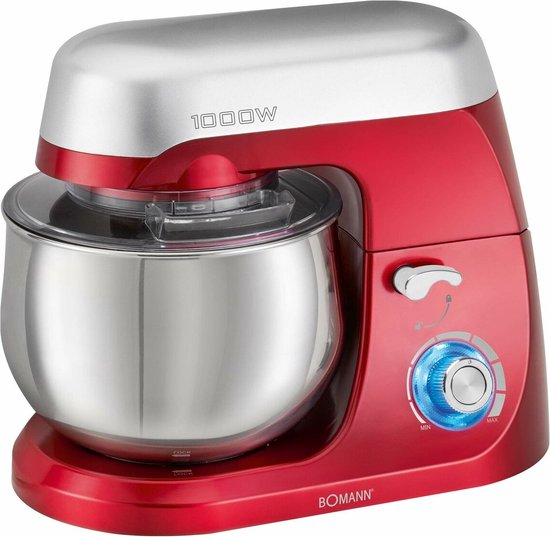 Bomann keukenmachine in rood en zilver met 1000W vermogen.