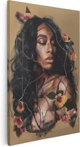 Artaza Canvas Schilderij Zwarte Vrouw met Bloemen op haar Gezicht - 20x30 - Klein - Foto Op Canvas - Canvas Print