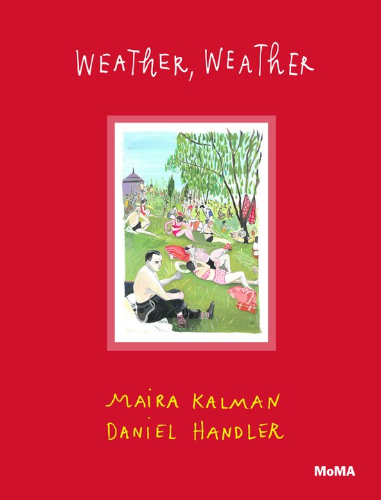 Boekomslag met de titel 'WEATHER, WEATHER' en een illustratie van mensen die picknicken.