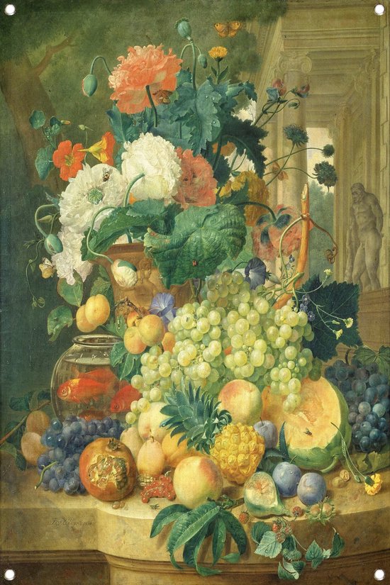 Stilleven met bloemen en fruit - Jean François Eliaerts posters - Fruit poster - Tuinposters Natuur - Posters buiten - Tuin schilderij - Decoratie muur tuinposter 50x75 cm