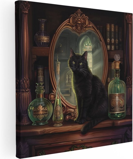 Artaza Canvas Schilderij Zwarte Kat zit voor een Spiegel - 90x90 - Groot - Foto Op Canvas - Canvas Print