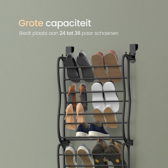 O'DADDY® Schoenenrek - Schoenenkast - Schoenenrek zwart - Schoenenrek deur - Schoenenrek hangend - Hangend schoenenrek - Deur schoenenrek - Hangend schoenenrek deur - Geschikt voor elke deur - 20 x 51 x 182 cm - Zwart