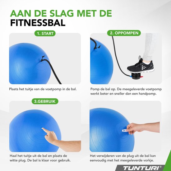 Tunturi Anti Burst Fitness bal met Pomp - Yoga bal 65 cm - Pilates bal - Zwangerschapsbal – 220 kg gebruikersgewicht - Incl Trainingsapp – Blauw