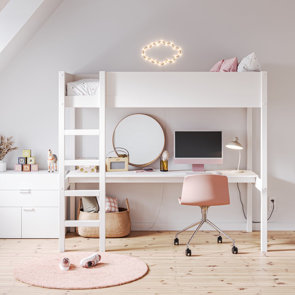 Petite Amélie Hoogslaper met bureau Wit 200x90 cm- Ruimtebesparende oplossing voor kinderkamers - Stevig & Strak Ontwerp - Creëer meer speelruimte voor uw kind