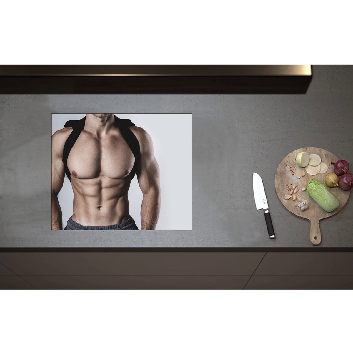 Inductieplaat Beschermer - Bodybuilder Lichaam van Man tegen Witte Achtergrond - 60x50 cm - 2 mm Dik - Inductie Beschermer - Bescherming Inductiekookplaat - Kookplaat Beschermer van Wit Vinyl