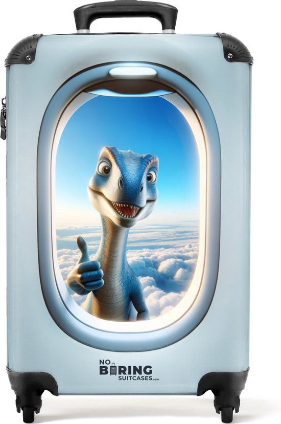 NoBoringSuitcases.com® - Kinderkoffer jongen dino - Kindertrolley jongens blauw - Handbagage koffer lichtgewicht - Reiskoffer trolley - Reistrolley kind - Rolkoffer met wieltjes - Past binnen 55x40x20 en 55x35x25