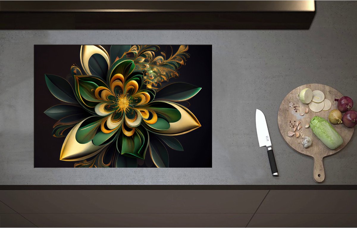 Inductieplaat Beschermer - Bloem in Groen en Goud Tinten - 75x52 cm - 2 mm Dik - Inductie Beschermer - Bescherming Inductiekookplaat - Kookplaat Beschermer van Zwart Vinyl
