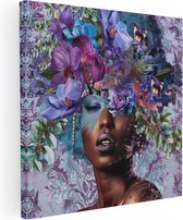 Artaza Canvas Schilderij Vrouw met Bloemen op haar Hoofd - 30x30 - Klein - Foto Op Canvas - Canvas Print