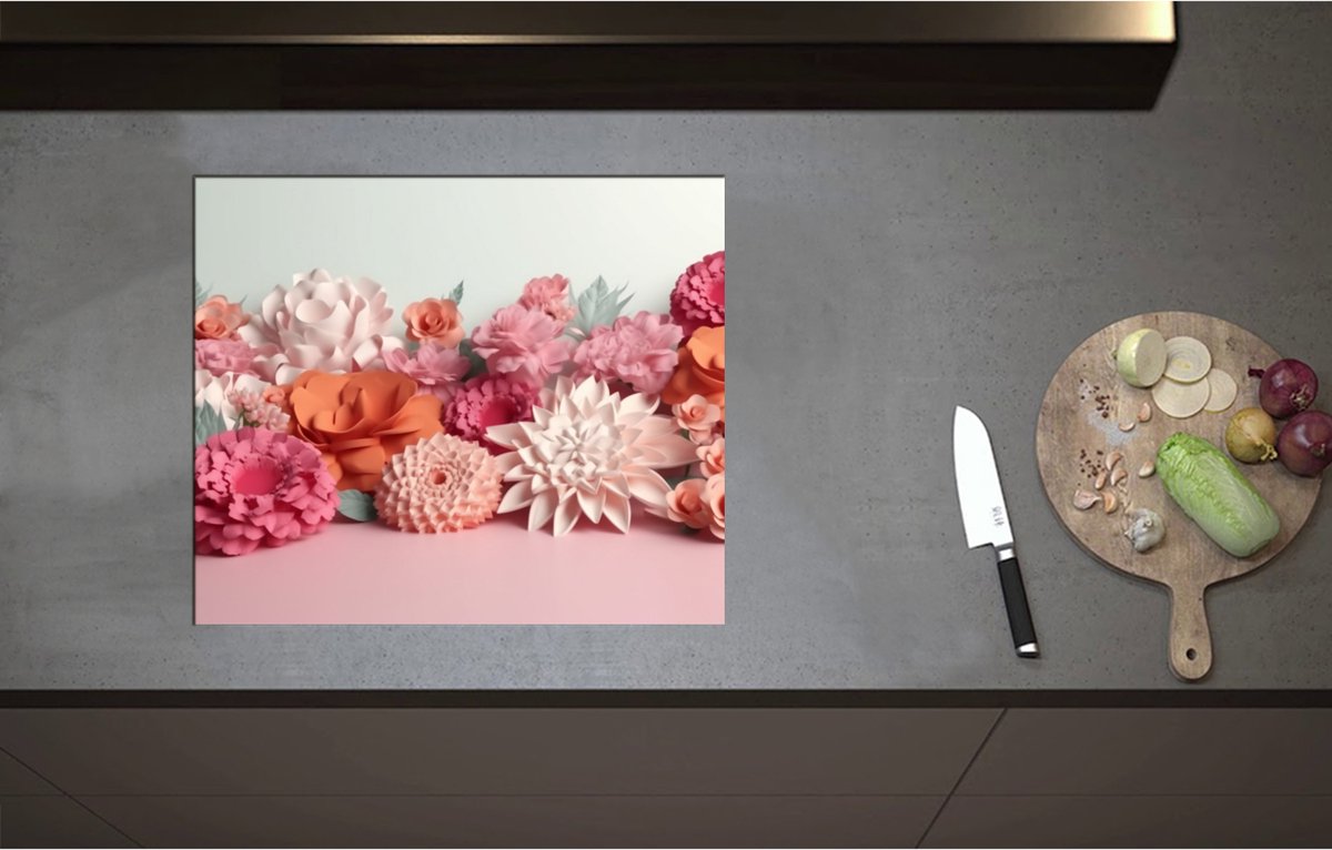 Inductieplaat Beschermer - Boeket van Papieren Bloemen - 60x51 cm - 2 mm Dik - Inductie Beschermer - Bescherming Inductiekookplaat - Kookplaat Beschermer van Wit Vinyl