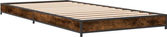 vidaXL - Bedframe - bewerkt - hout - en - metaal - gerookt - eikenkleurig - 100x200 - cm