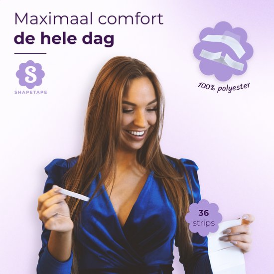 Vrouw met lang bruin haar in blauwe jurk houdt Shapetape vast. 36 strips, 100% polyester.