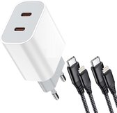 Snellader Adapter + 2x Nylon USB C Kabel 1 Meter - Geschikt voor Apple iPad, iPhone - USB C Lader - 2 Poorten USB-C