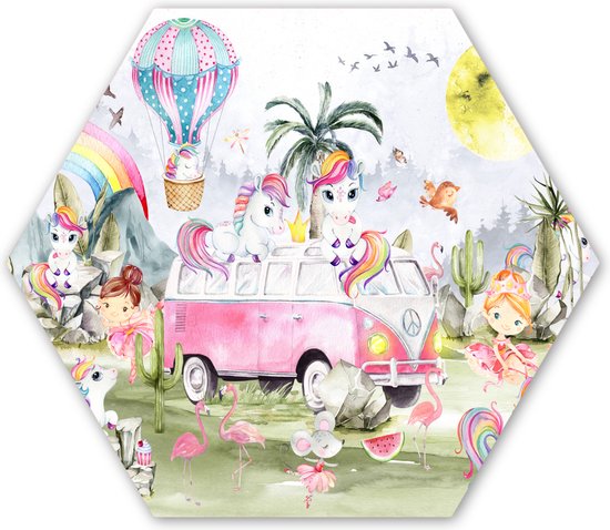 Hexagon wanddecoratie - Kunststof Wanddecoratie - Hexagon Schilderij - Unicorn - Regenboog - Kinderen - Meiden - Auto - 75x65 cm