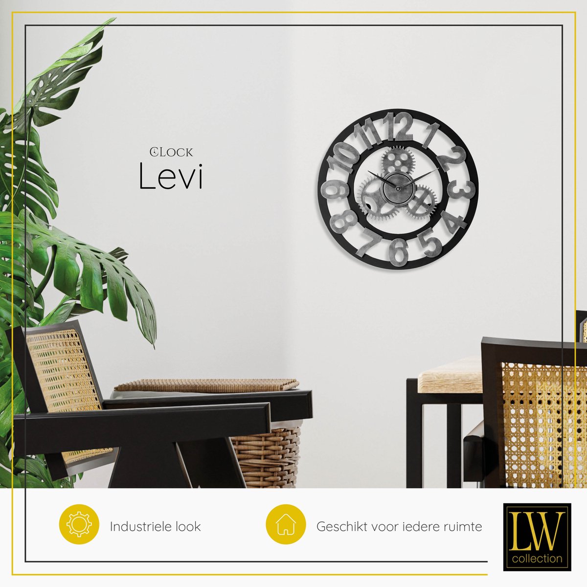 LW Collection Wandklok grijs zwart 40cm - Kleine houten landelijke klok met tandwielen - Industriële wandklok stil uurwerk — cadeau in Wonen & Interieur - foto 4