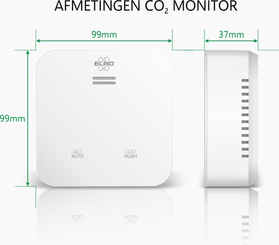 Afmetingen CO2 monitor: 99mm x 99mm x 37mm. Met ventilatie sleuven aan de zijkant.