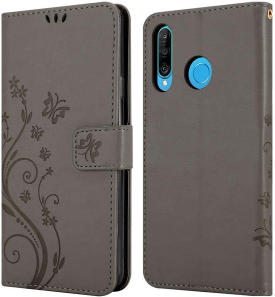 Cadorabo Hoesje geschikt voor Huawei P30 LITE in BLOEMEN GRIJS - Beschermhoes in bloemmotief met magnetische sluiting, standfunctie en kaartsleuven Book Case Cover Etui