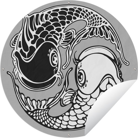 Tuincirkel Vissentatoeage in yin yang stijl - zwart wit - 150x150 cm - Ronde Tuinposter - Buiten