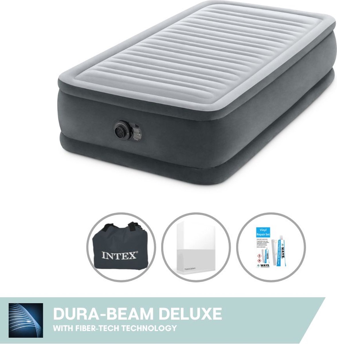 Intex Luchtbed - 1-Persoons - 99 x 191 x 46 cm - Grijs - Met ingebouwde pomp Hoeslaken Wit en Reparatieset