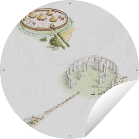 Tuincirkel Een illustratie van een dorp en Stonehenge - 90x90 cm - Ronde Tuinposter - Buiten