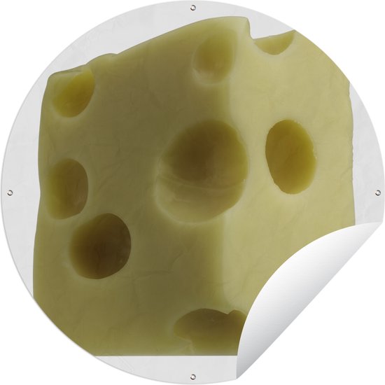 Tuincirkel Blokje Zwitserse kaas met gaten op een witte achtergrond - 120x120 cm - Ronde Tuinposter - Buiten XXL / Groot formaat!