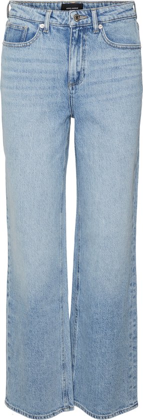 Voorkant van een lichtblauwe wide leg jeans met hoge taille.