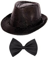 Toppers - Folat - Verkleedkleding set - Glitter hoed/strikje zwart volwassenen