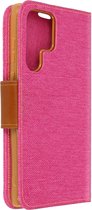 Geschikt voor Samsung Galaxy S22 Ultra Case Stof Kaarthouder Stand roze