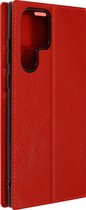 Geschikt voor Samsung Galaxy S22 Ultra Folio Case Echt leer Video-ondersteuning – rood