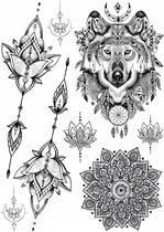 Tijdelijke tattoo - Tattoo nep - 8 stuks - wolf - mandala - lotus - lotusbloemen- nep tatoeage