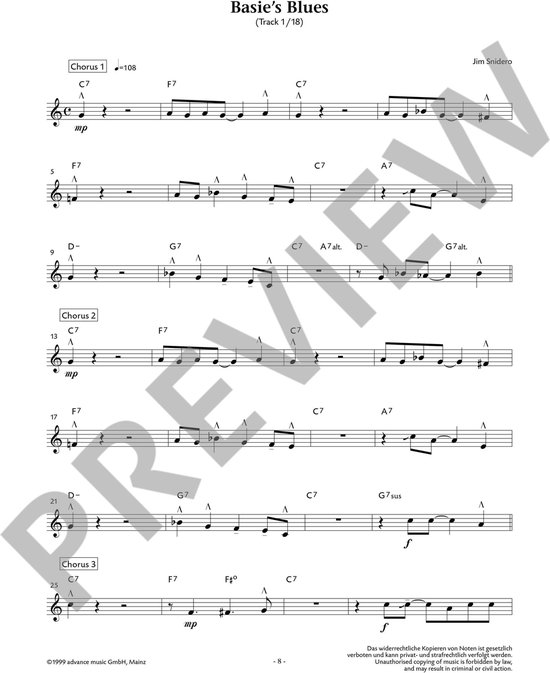 Muziekblad met akkoorden en noten voor 'Basie's Blues'.