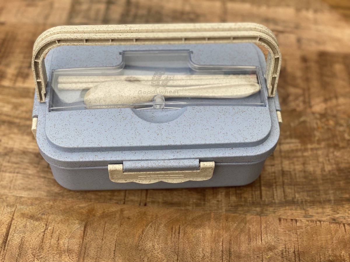 Licht blauw lunchbox met bestek