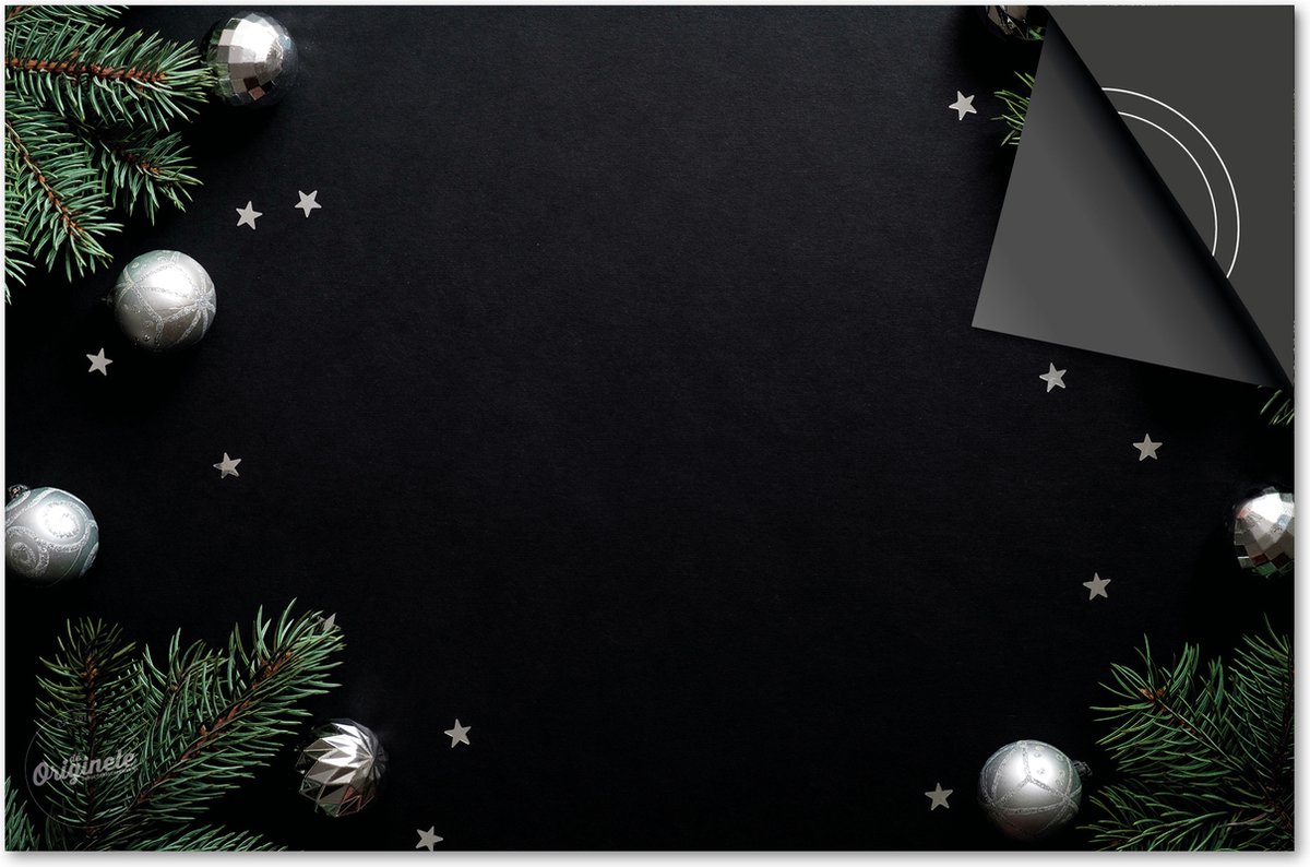 Inductie beschermer 65x52 - afdekplaat inductie mat - Dietrix Kookplaat beschermer - Exclusief - Feestdagen - Zwart met kersttakken en zilver ballen