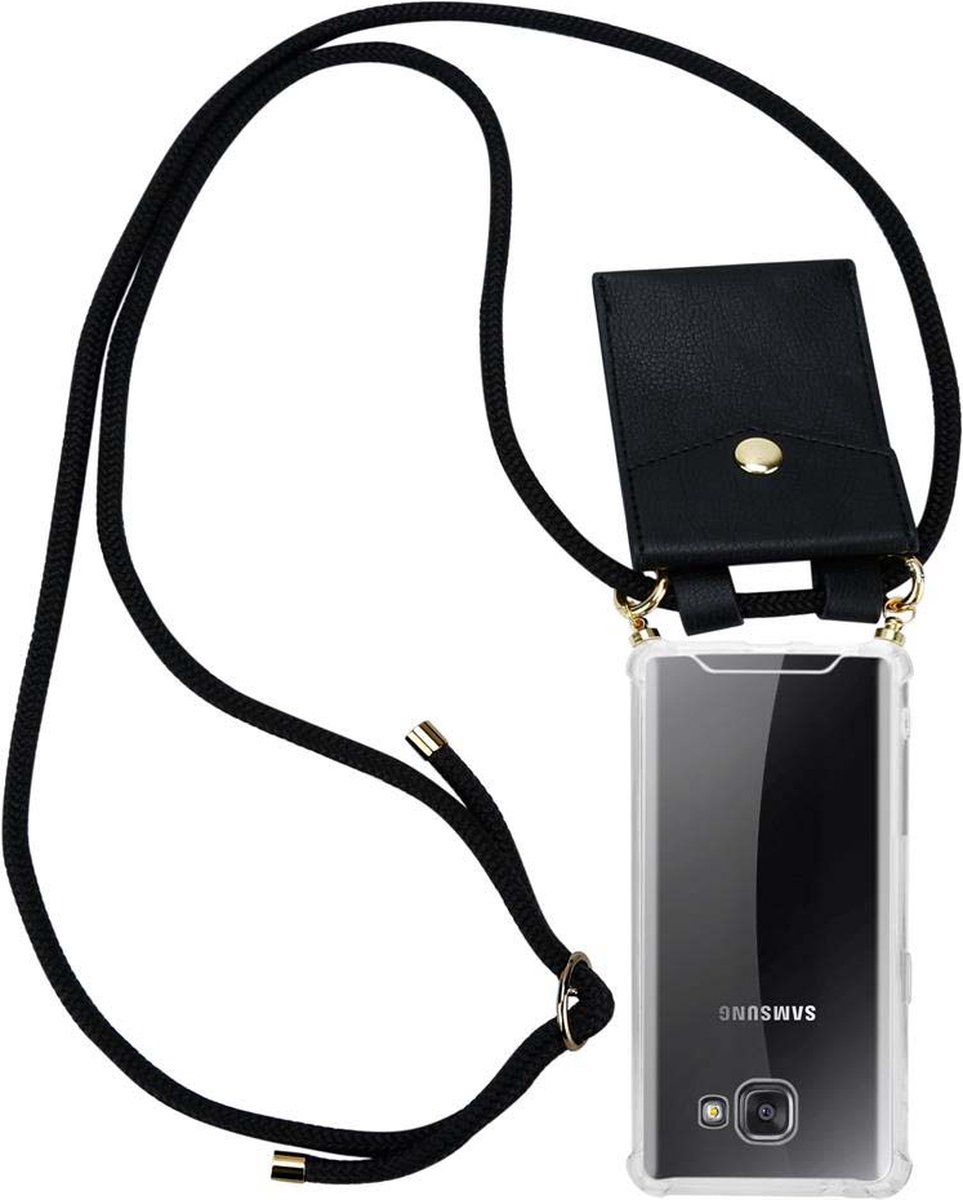 Cadorabo Hoesje geschikt voor Samsung Galaxy A5 2016 in ZWART - Silicone Mobiele telefoon ketting beschermhoes met gouden ringen, koordriem en afneembare etui