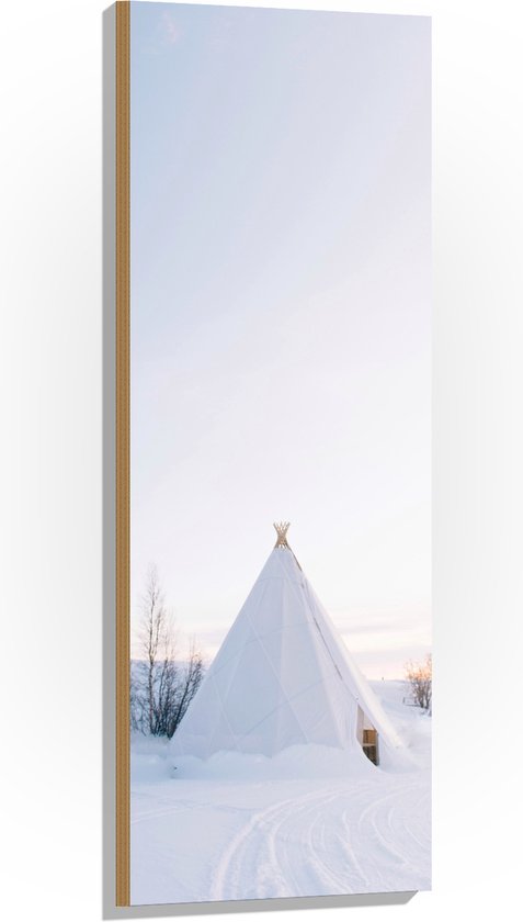 Hout - Tent in de Sneeuw - 40x120 cm - 9 mm dik - Foto op Hout (Met Ophangsysteem)