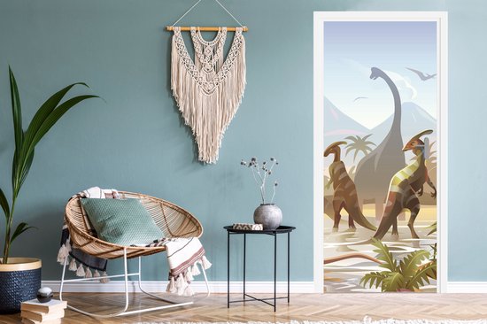 Sticker de porte dinosaures - Décoration chambre d'enfant - Dinosaurus - Paysage - Tropical - Enfants - Garçons - 90x215 cm - Décoration chambre