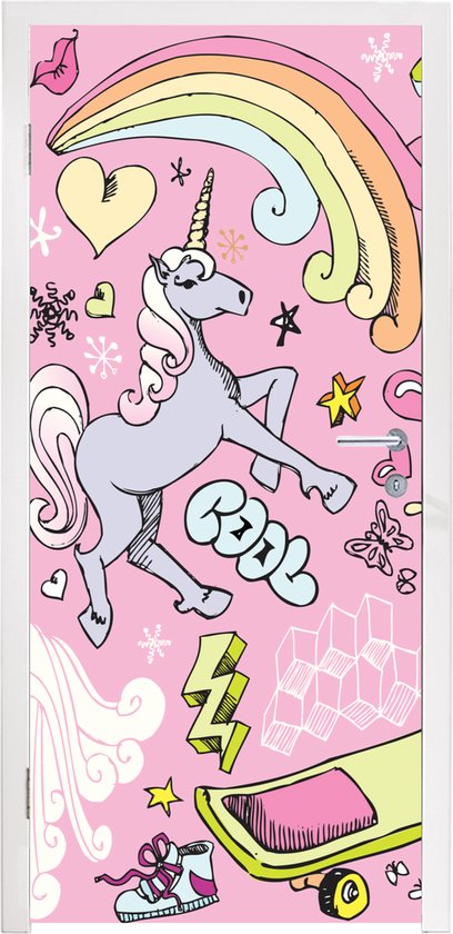 Deursticker eenhoorn - Deurdecoratie meisjes - Meisjes - Design - Unicorn - Regenboog - Roze - 90x235 cm - Slaapkamer decoratie - Cadeau meisje 7 jaar